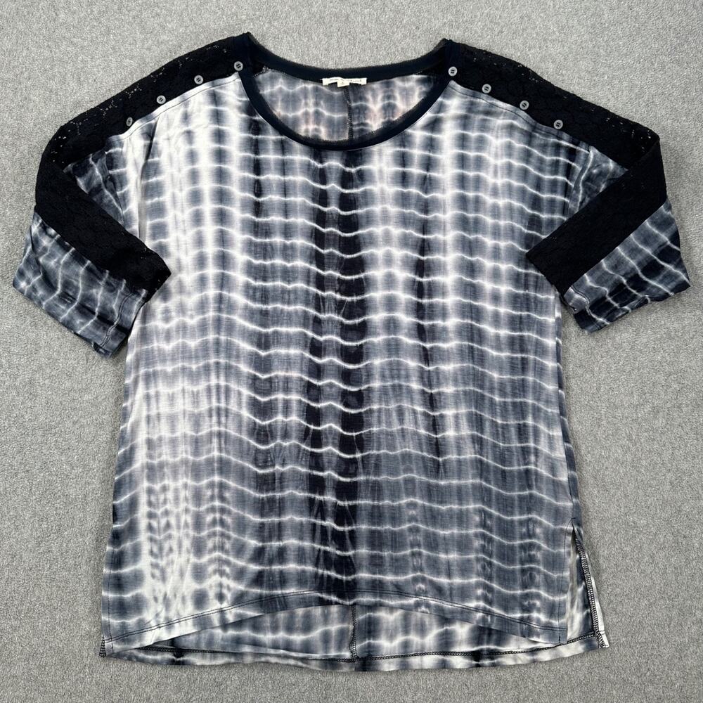 Hem & Thread Tie Dye Lace Cutout Top Women's Small Navy Blue Button 3/4 Sleeve